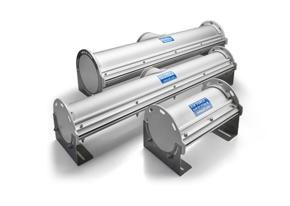 Three sizes of industrial Air Knives used in custom blow off systems